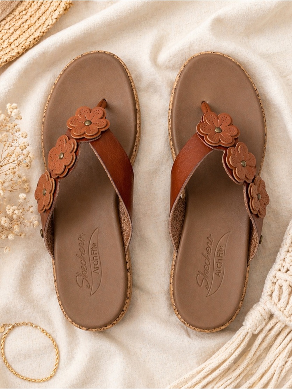 Skechers Tan Floral Leather Slide Sandals